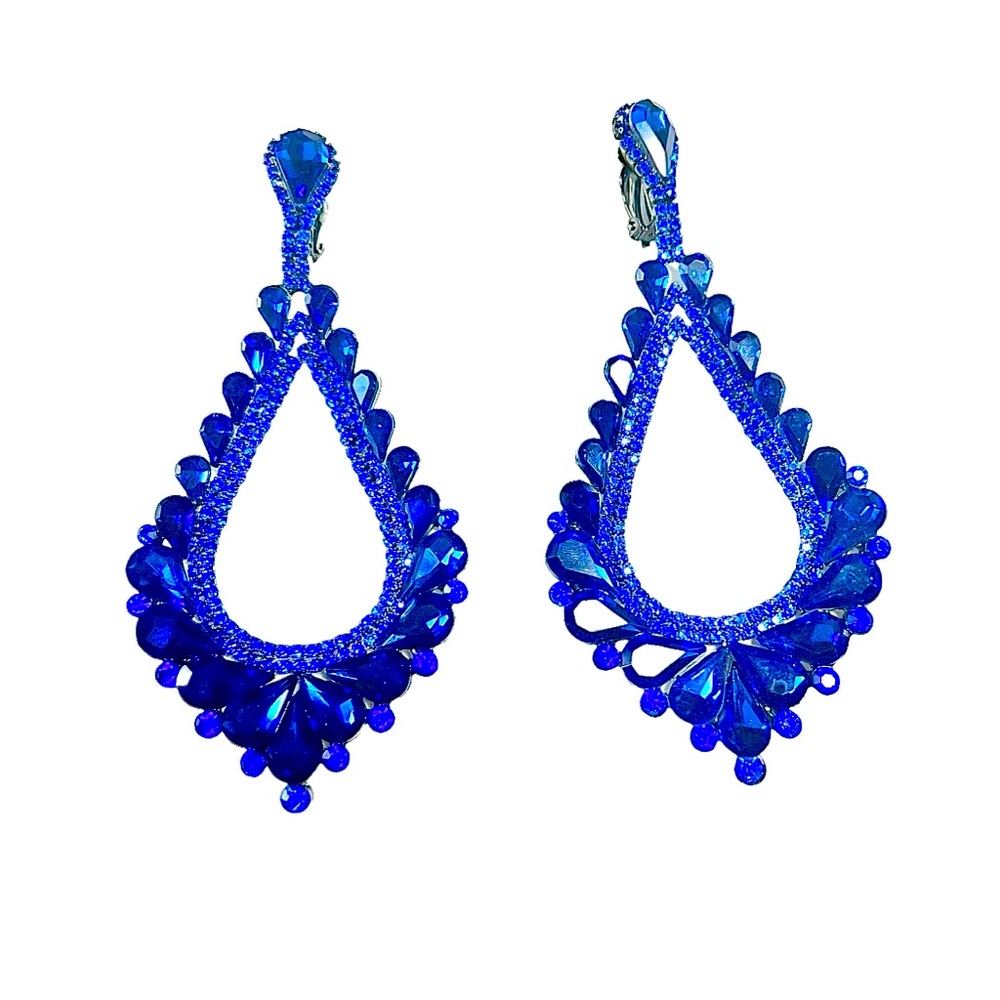 Rhinestone faux sapphire statement chandelier earrings Clip on